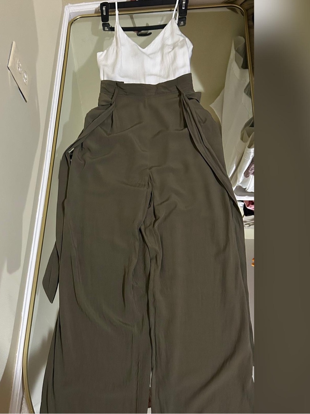 High-Rise Olive Wide-Leg Pull-On Pants with Side Drape